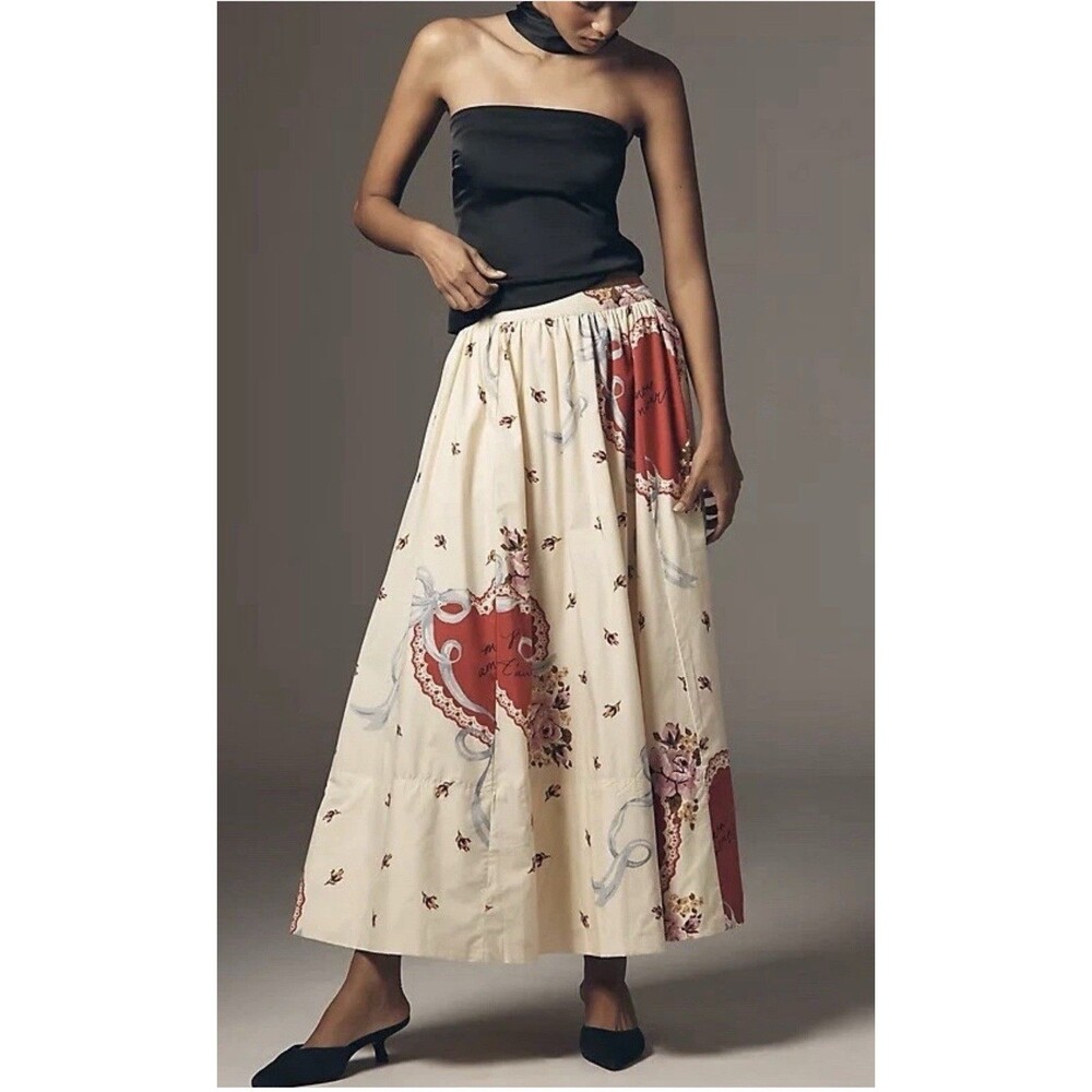 Anthropologie Maeve Jacie Poplin Printed Size Petite Small Yellow Maxi Skirt NWT